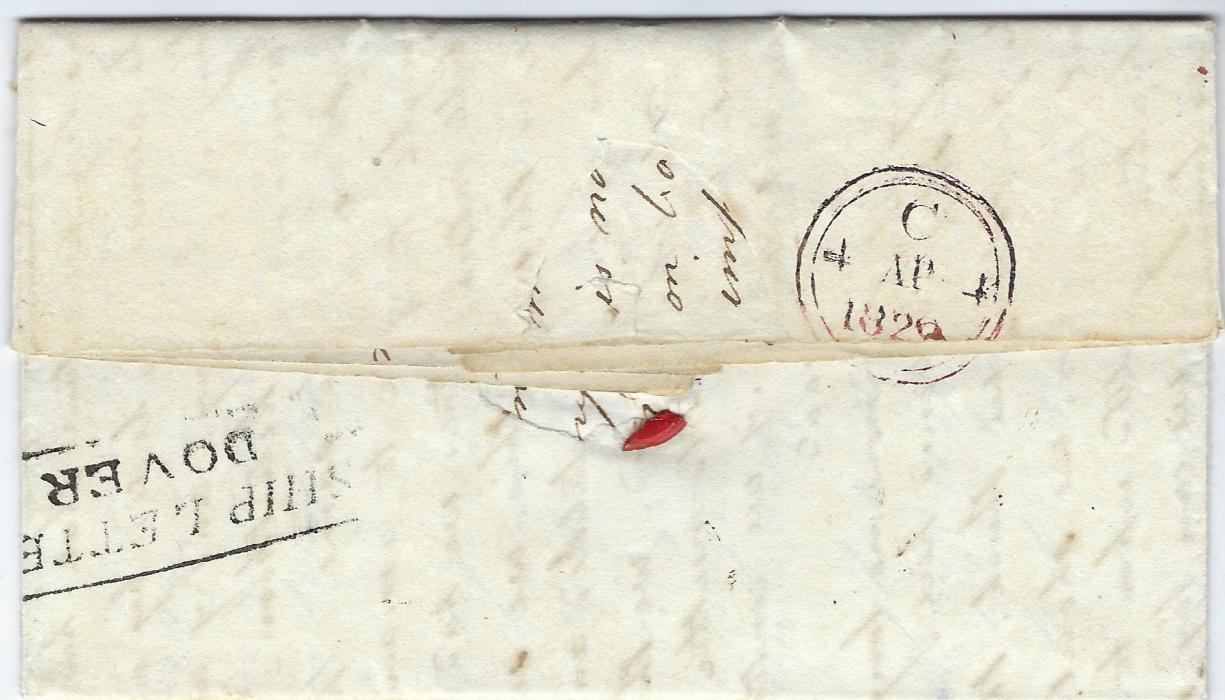 Tonga 1828 long Missionary entire to the Secretaries of the Wesleyan Missionary Society, London, showing on reverse stepped SHIP LETTER/ DOVER applied on entry into England and arrival cds; fine condition.