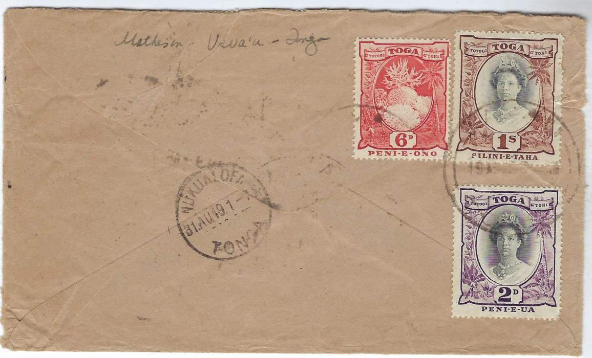 Tonga 1931 airmail cover Vavau to Pasadena, California, franked front and back with airmail handstamp; generally good condition.