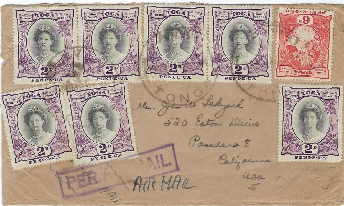 Tonga 1931 airmail cover Vavau to Pasadena, California, franked front and back with airmail handstamp; generally good condition.