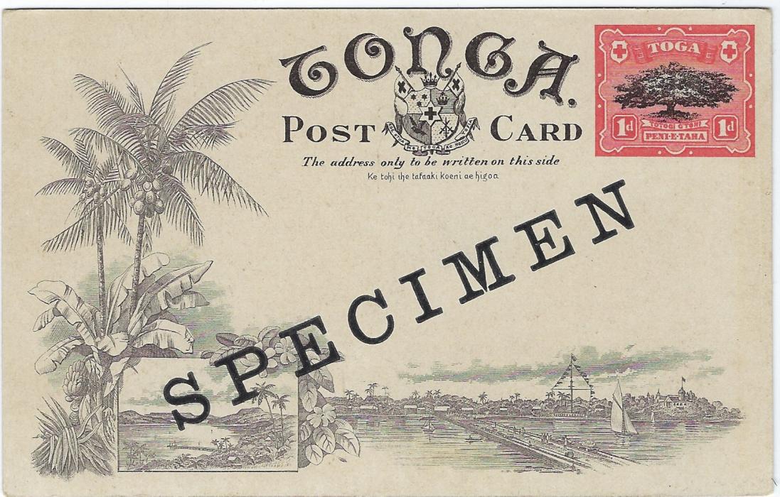 Tonga Picture Stationery: 1906 1d. card Pine-apple Plantation with diagonal SPECIMEN handstamp; good condition