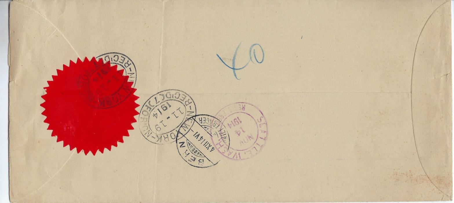 Tonga  1914 registered On His Majestys Service stampless cover to Berne, Switzerland bearing Nukualofa cds top right and oval registration bottom left straight-line REGISTERED below this, reverse with unusual Seattle entry cds, New York transits and arrival cds.