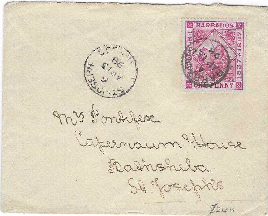 Barbados 1898 (AP 13) local cover to St Joseph bearing single franking blued paper Diamond Jubilee 1d. with single cds, to left arrival cds of same date; fine commercial usage.