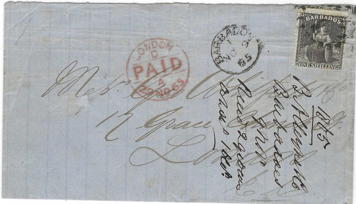 Barbados 1865 outer letter sheet to London bearing single franking 1/- brown-black (SG 34, first printing) doubly perforated at top tied bootheel 1 with cds in association, red London arrival, some filing noted. A rare variety on cover, Ex Sir James Marshall, Basil Benwell and Joseph Hackmey.