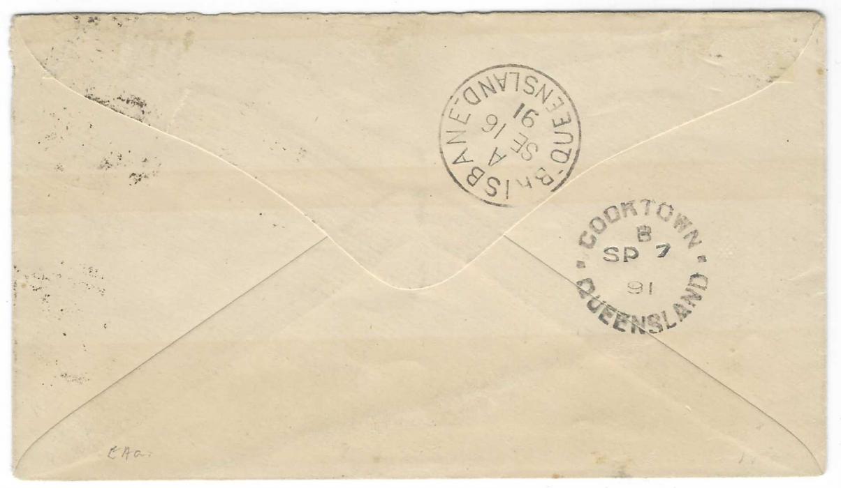 Australia (Queensland - New Guinea) 1891 (28 AU) cover to Brisbane bearing single franking Queensland 2d. tied by B.N.G. obliterator with Port Moresby/ British New Guinea cds, reverse with Cooktown  cds (SP 7) and Brisbane arrival (SE 16); a couple of light tones not detracting with all the cancels very fine and clear.