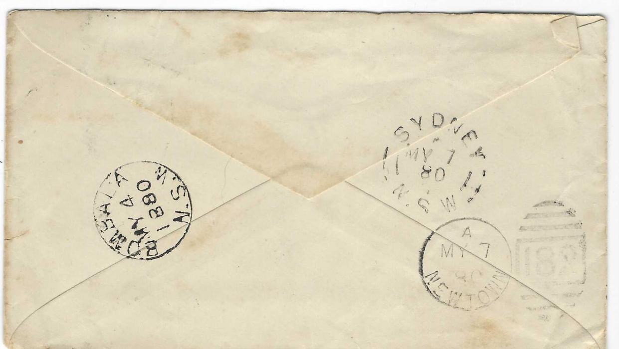 Australia (New South Wales) 1880 (May 3) 2d. cover to Sydney franked 2d with pen cross, “Wyndham/ May/3/ 1880/ NSW” manuscript alongside. Also a 1882 cover showing the earliest recorded use of the new Wyndham date stamp. Some slight faults but an interesting pair.