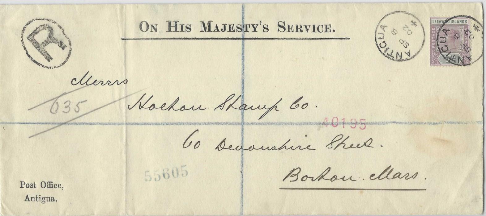 Antigua (Leeward Islands) 1902 On  His Majesty’s Service registered cover to Boston, USA bearing single franking 7d tied by good strike of cds with another strike alongside, reverse with New York transit and arrival date stamps;  vertical filing crease at left of envelope otherwise fine and fresh.