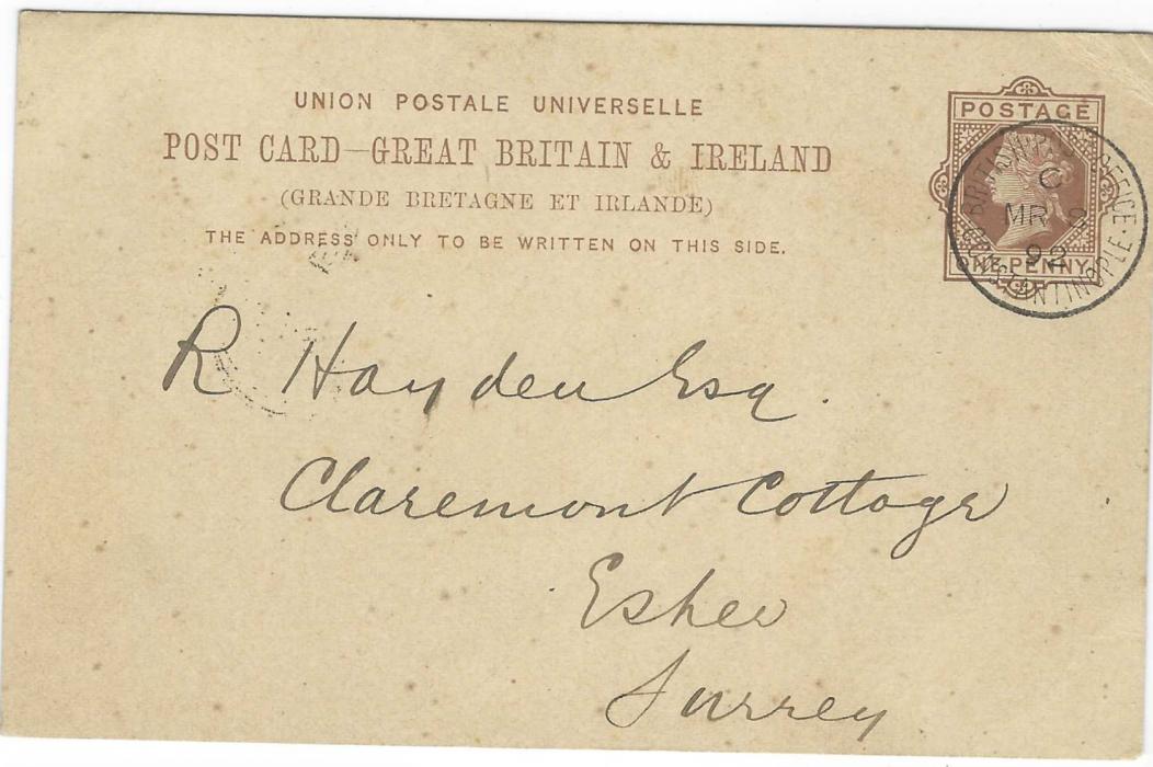 British Levant 1892 Great Britain 1d. stationery card to Esher, Surrey cancelled by fine British Post Office Constantinople index c  cds that is repeated on reverse, with full message.