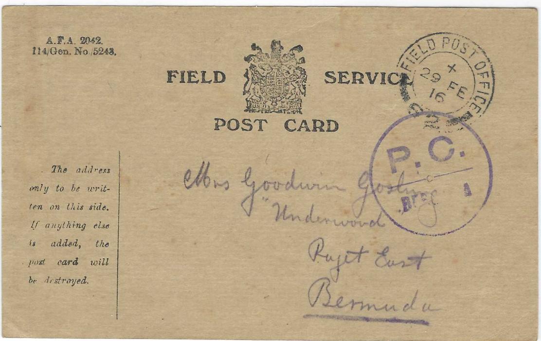 Bermuda (Volunteers in France) 1916 (Feb) Field Service stationery card to Paget East cancelled Field Post Office 62 (located between Loos and Somme area) and violet P.C. Bermuda, signed on reverse indicating a parcel has arrived.
