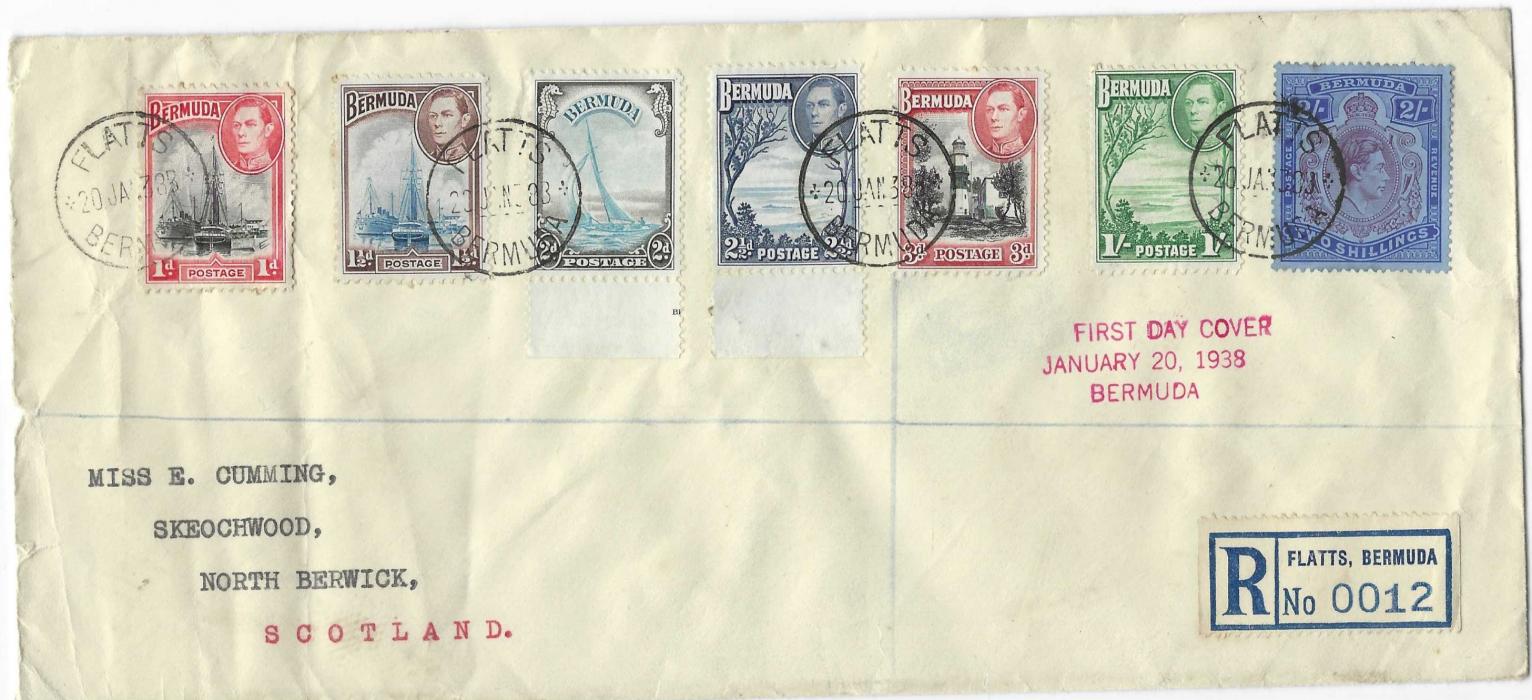 Bermuda 1938 (20 Jan) registered cover with seven values to 2/- used on first day of issue from Flatts to Scotland, reverse with Registered Plymouth transit. Some slight bending and faults at left edge.