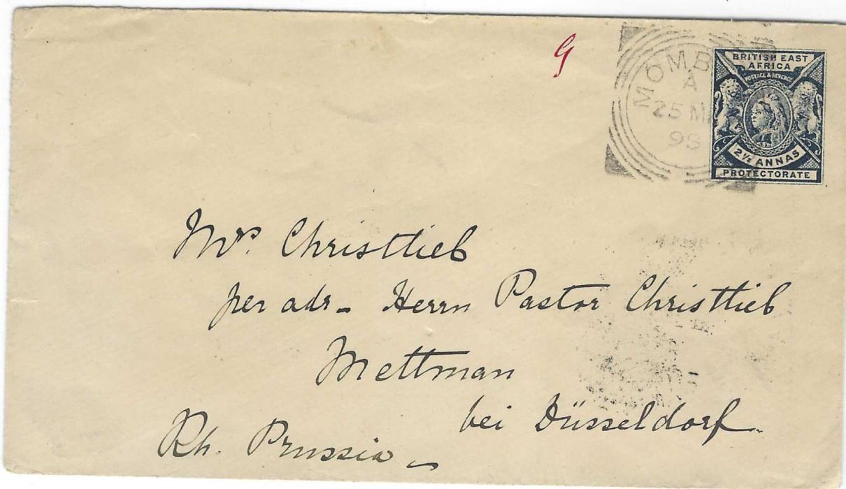 British East Africa 1898 2 ½a. single franking cover to Dusseldorf, Germany tied by fine Mombasa  square circle date stamp, reverse with Aden transit and Mettrann arrival cds.