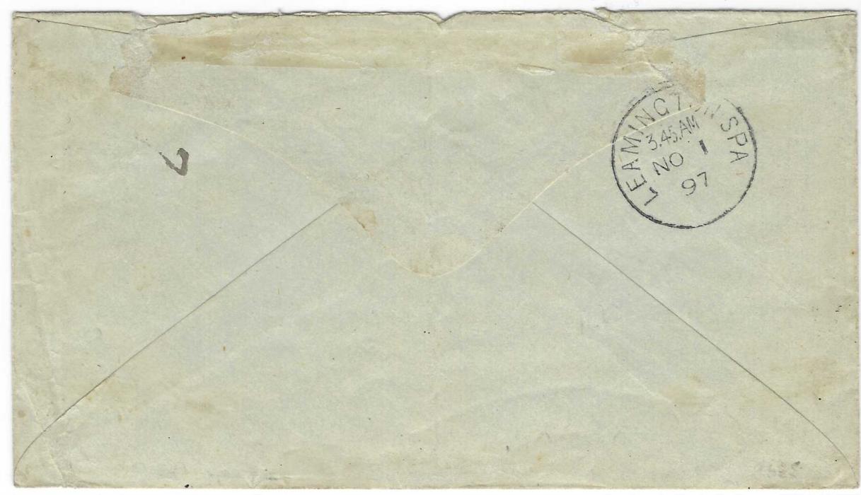 British East Africa Uganda Protectorate 1897 cover to Leamington bearing mixed franking British East Africa 2 ½a. tied Mombasa cds paying the external postage, together with Uganda Protectorate 1896 Typeset 4a black  with red manuscript cancel paying the local postage only, the country not being a member of the U.P.U. at this time. Peter Holcombe Certificate.