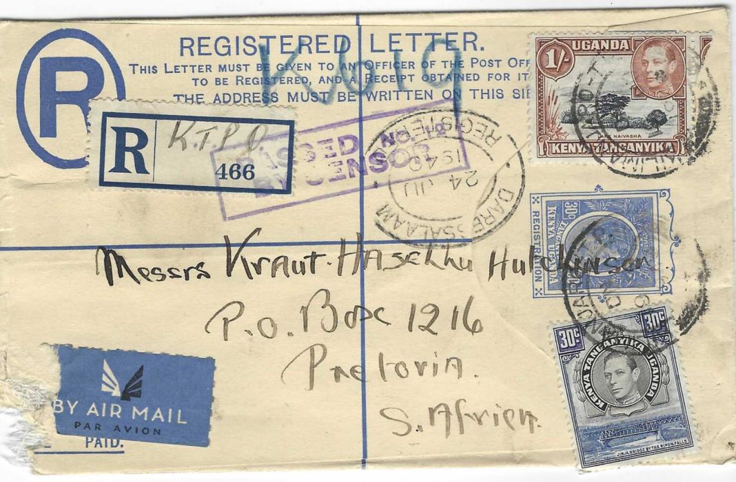 Kenya, Uganda & Tanganyika 1940 30c. registered stationery envelope to Pretoria additionally franked 30c. and 1/- tied Kilimanjaro T.P.O. cds, registration etiquette with manuscript “K.T.P.O.” , violet No.12 Censor cachet. Fault at bottom left of envelope.