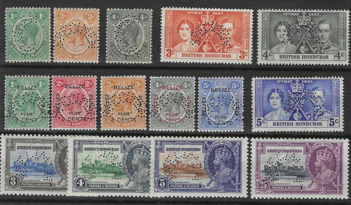 British Honduras Accumulation of perforated Specimen with 1929-33 1c. and 4c. sideways and 3c normal, 1932 Relief fund set, 1935 Silver Jubilee, 1937 Coronation, 1938 King George VI set of 12 plu 1946 Victory; fresh mint never hinged