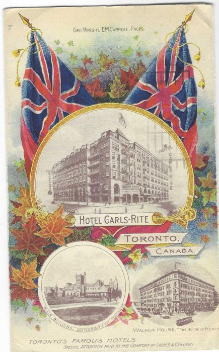 Canada (Hotel Advertising) 1927 Hotel Carls-Rite colour advertising envelope fine used from Toronto to Wilmington, USA
