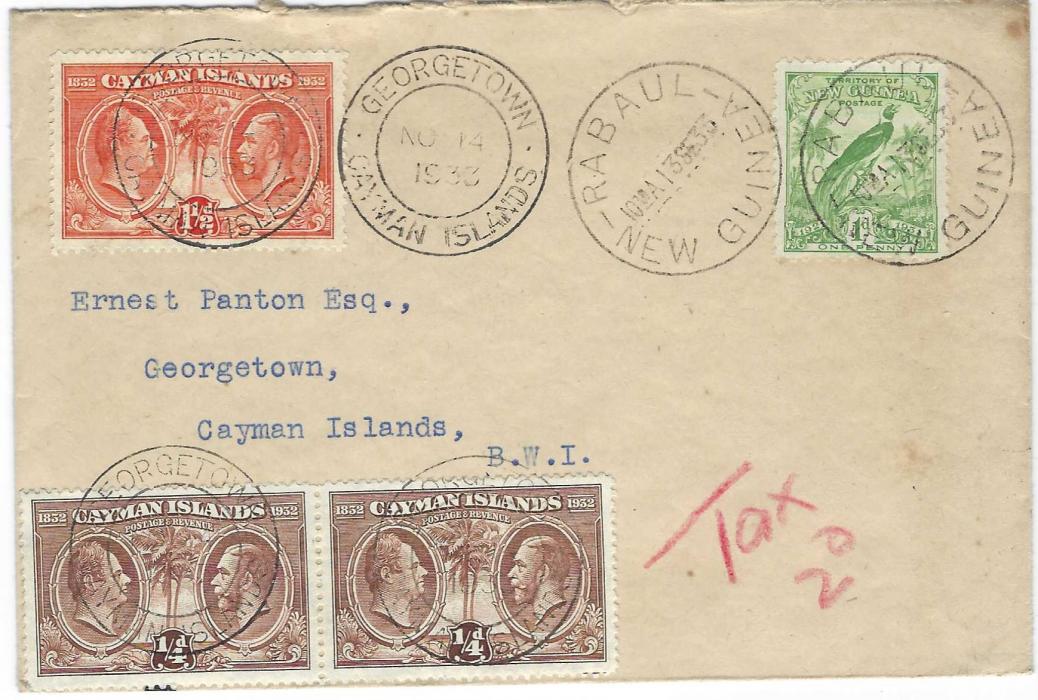 Cayman Islands 1933 incoming underfranked cover from New Guinea  bearing  1d.  10th Anniversary  tied Rabaul  cds, red manuscript “Tax 2d” and Centenary ¼d. pair and a 1½d. tied Georgetown cds, repeated on reverse.