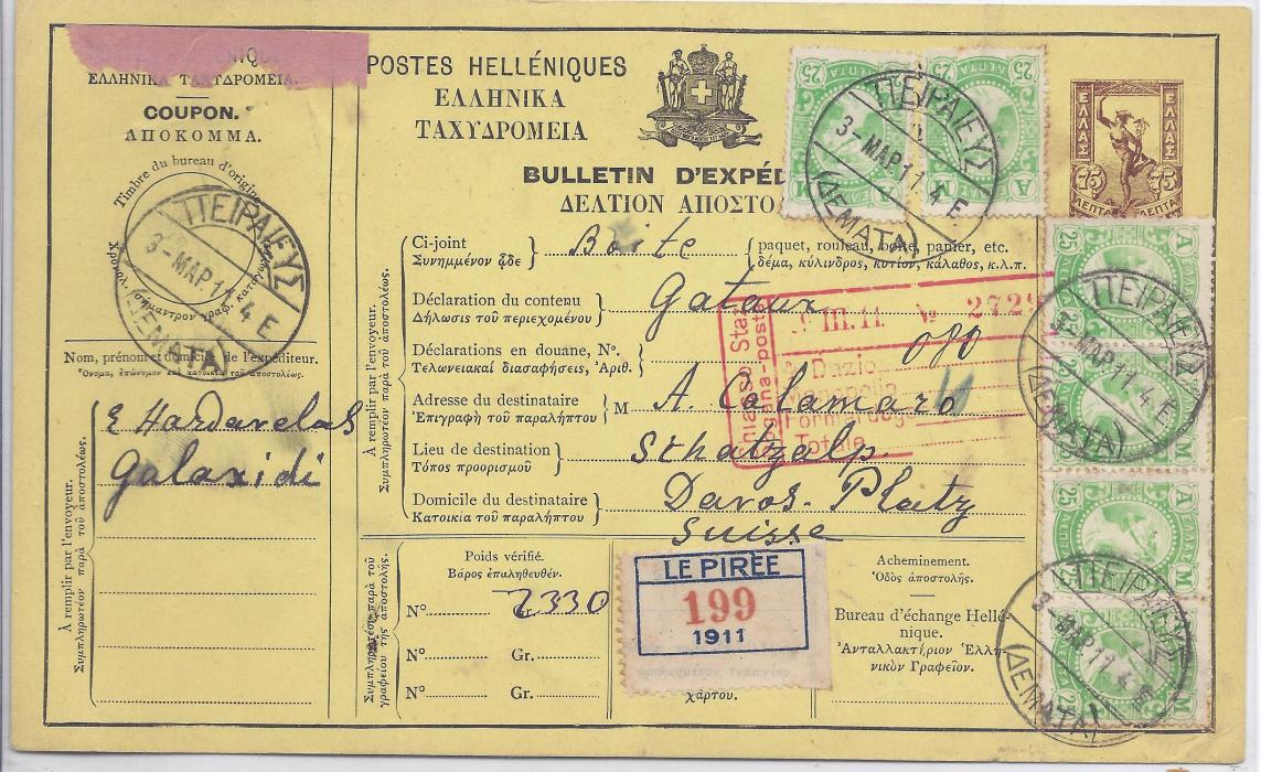 1911 Greece 1911 75L. postal stationery parcel card to Switzerland additionally franked with six 25L. Hermes tied Pireaus cds; very fine and attractive.