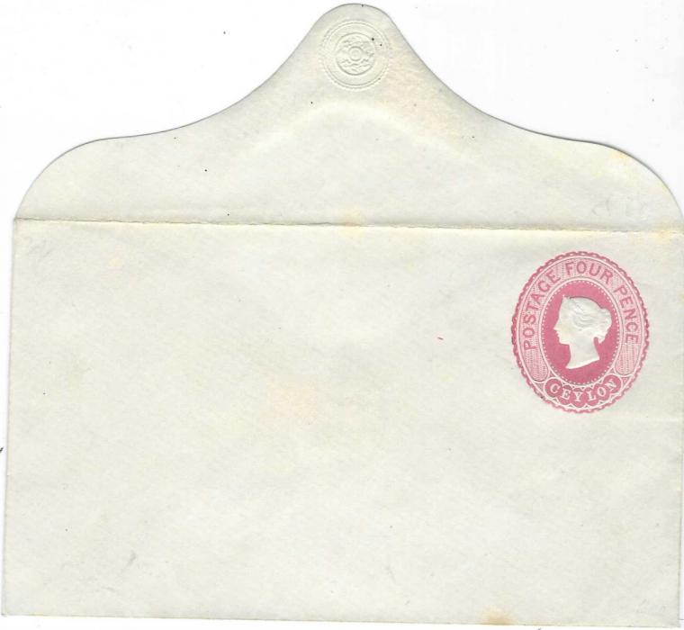 Ceylon 1857-59 Postage Four Pence pink postal stationery envelope showing backflap type 2, fresh unused.