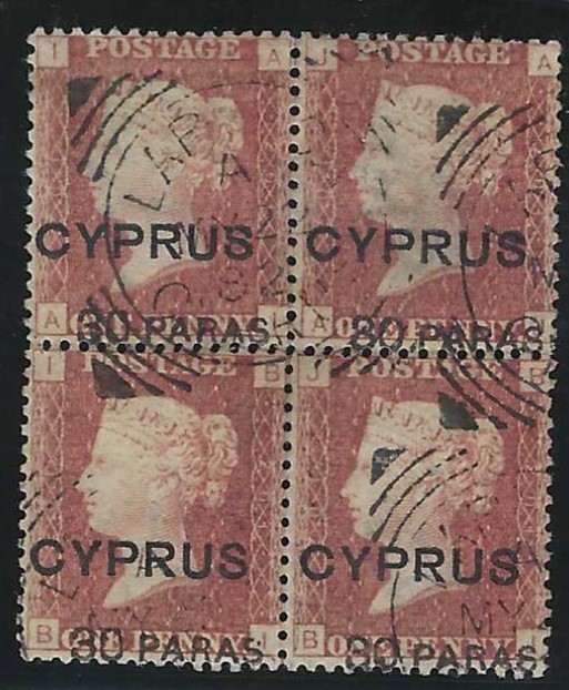 Cyprus 1881 30 paras on 1d. red, plate 201, block of four AI-BJ, cancelled by Larnaca square circles; fine condition.