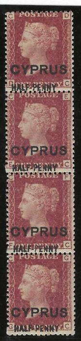 Cyprus 1881 Half-Penny  on 1d. red,  13mm surcharge, plate 215, vertical strip of four DC-GC, the top stamp lightly hinged, the others never hinged.
