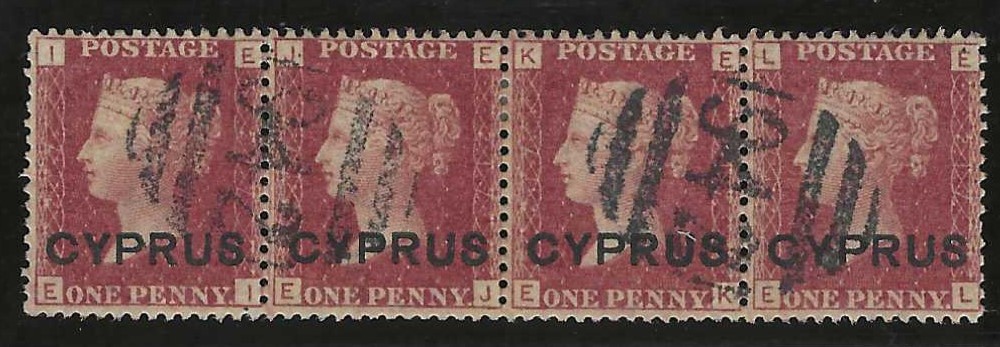 Cyprus 1880 1d. red, plate 217, horizontal strip of four EI-EL, fine used with two ‘942’ obliterators; fine and fresh, ex Aphrodites.
