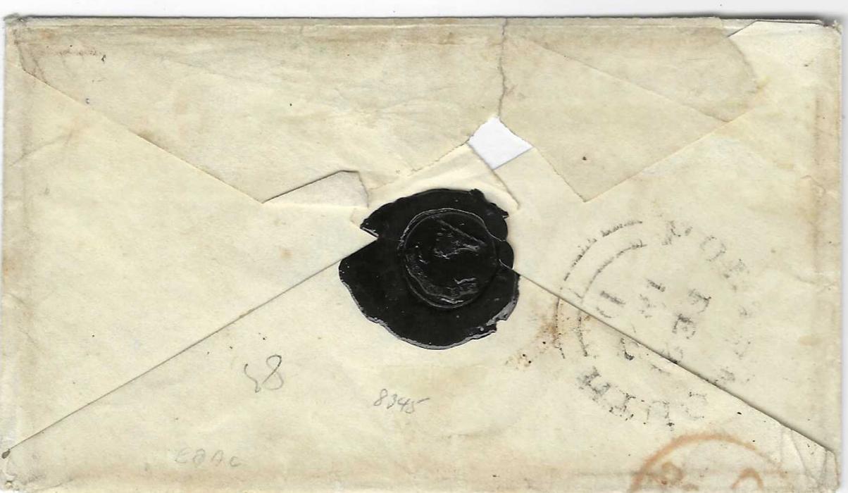 Great Britain 1842 envelope ex Forbes correspondence from Bermuda where two 1d blacks applied, PJ and PF, the former with good to large margins showing portions of stamp above, the latter close to touched margins, endorsed “H.M.S. Illustrious Bermuda”, the last ‘a’ just tying PJ stamp, cancelled on arrival in Portsmouth with light Maltese Crosses. A couple of small envelope faults, PBA Certificate (1969). The only recorded use of the Penny Black from Bermuda.   
The stamps on this cover are from the same plate and the same row as those used on a cover to the same addressee, dated March 1842, from Barbados, and would appear to be conclusive evidence that the adhesives were applied to both covers at the time of despatch.                                                               
