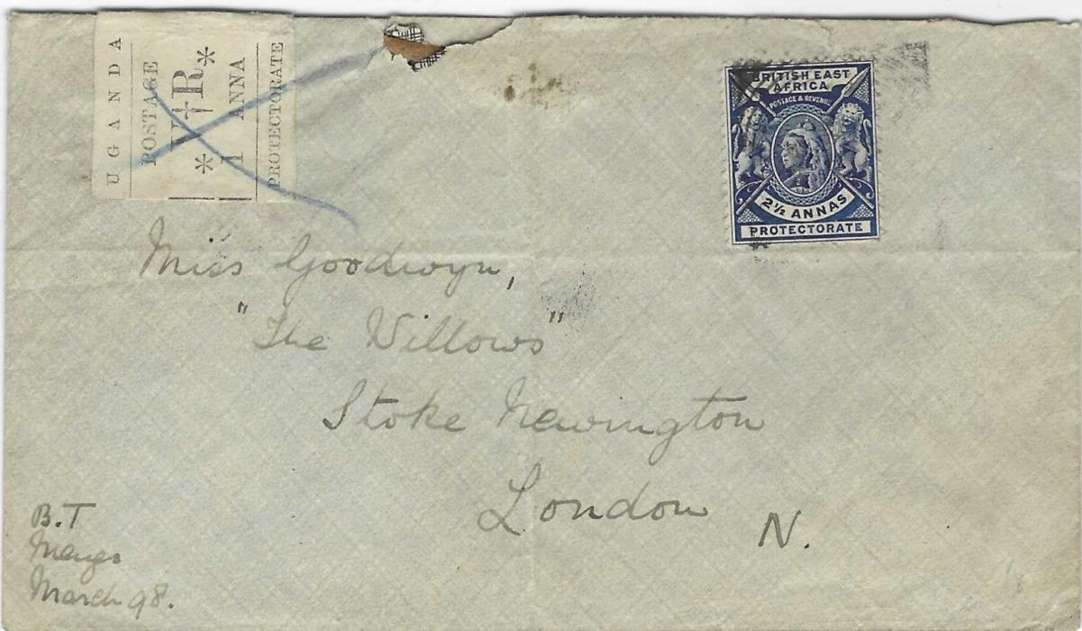 British East Africa (Uganda) 1898 cover to London bearing combination franking British East Africa 2 ½a. tied square circle paying the external postage, together with Uganda Protectorate 1896 Typeset 1a , thin 1 (SG 54) with blue manuscript cancel paying the local postage only, the country not being a member of the U.P.U. at this time. Central vertical crease and some slight faults to envelope; scarce on cover.