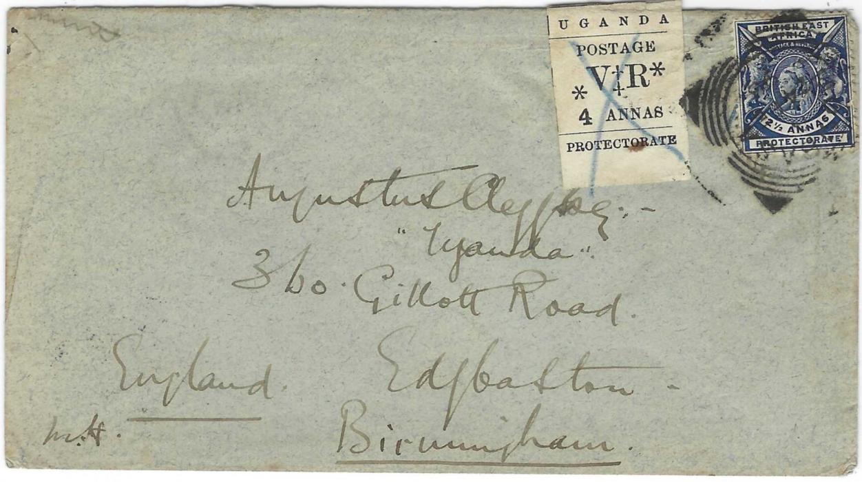 British East Africa (Uganda) 1898 cover to Birmingham bearing combination franking British East Africa 2 ½a. tied square circle paying the external postage, together with Uganda Protectorate 1896 Typeset 4a  (SG 58) with blue manuscript cancel plus by the Mombasa despatch; some slight faults as usual.