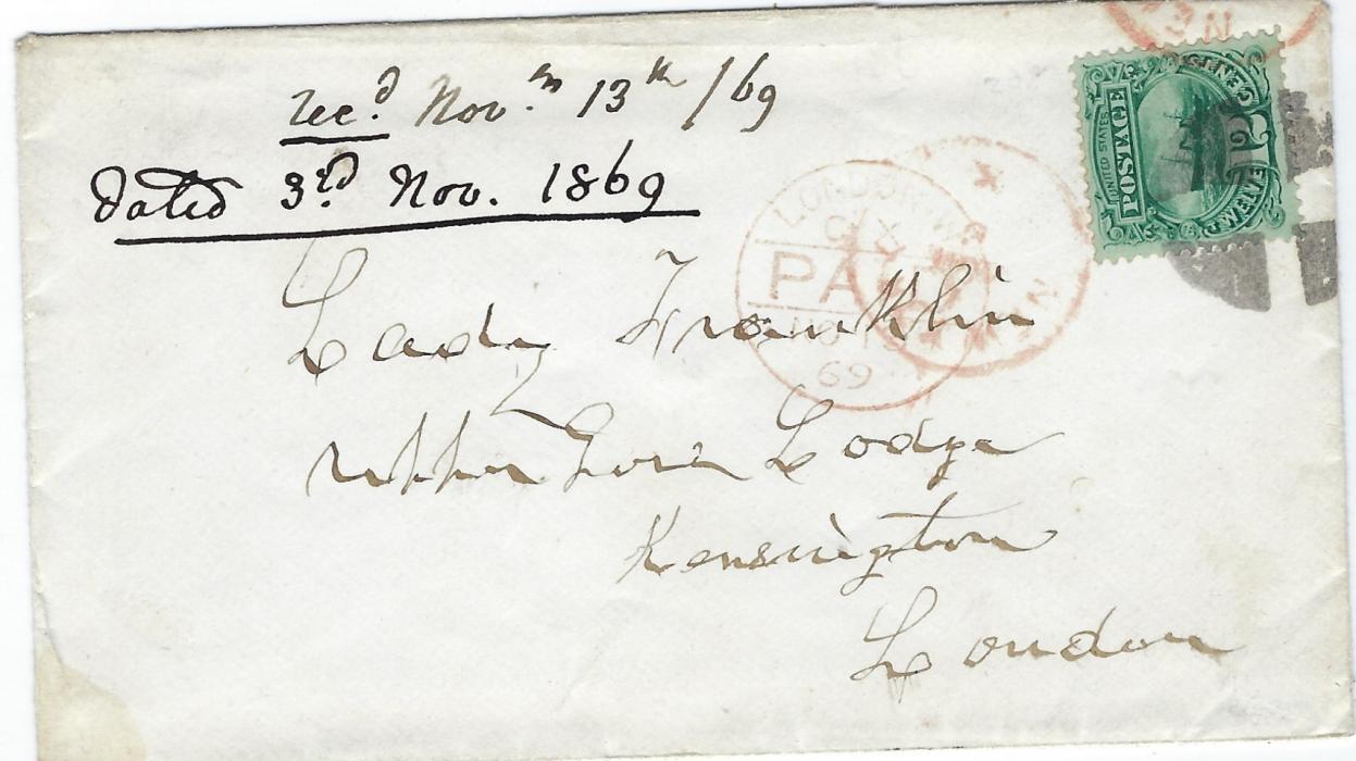United States 1869 cover to London bearing single franking 12c. ‘S.S.Adriatic’ tied by segmented cork handstamp and small part red New York cds, further strike of this cds to left overstruck by a red arrival cds, docketed at left as received Nov 13th and dated 3rd Nov 1869. Without backstamps, small tear in backflap.