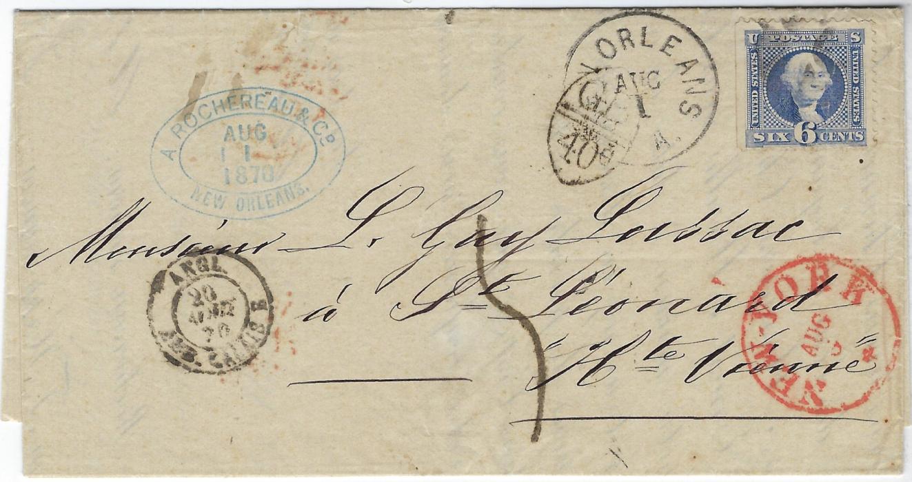 United States 1870 entire to France bearing single franking 6c ‘Washington’ tied segmented cork handstamp, New Orleans despatch cds to left oversturck with oval framed accountancy ‘GB/40c’, New York transit bottom right and French entry cds from England at left, reverse with arrival backstamps; Attractive appearance but the stamp is creased.