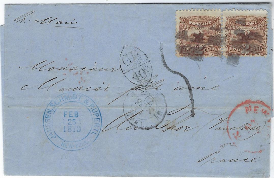 United States 1870 entire to France bearing 2c ‘Post Horse and Rider’ pair tied segmented cork handstamp, a blue dated company handstamp at left and a red New York cds at right, oval-framed ‘GB/ 40c’ accountancy handstamp, London transit on reverse together with various French cds.