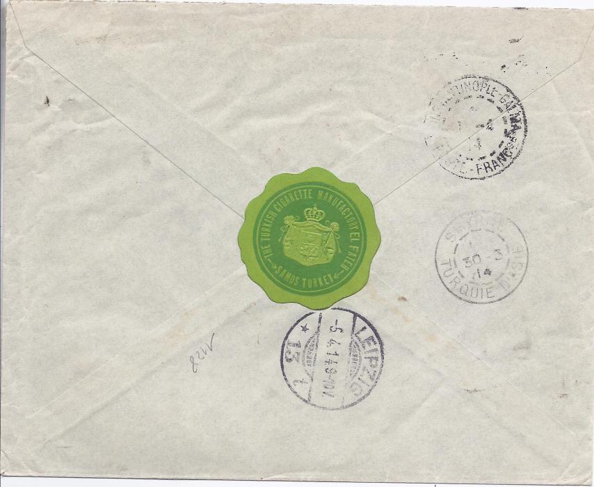 1914 Samos 1914 registered cover to leipzig, Germany, franked 50 lepta tied by Vathy date stamp. On reverse Smyrne Turqyie DAsie and Constantinople-Galata * Poste Franc.se French transit cds.