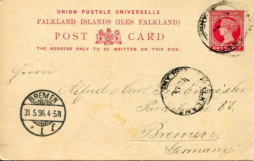 Falkland Islands  1896 One Penny postal stationery card to Bremen, Germany cancelled with a somewhat unclear double-ring cds, a slightly clearer cds below, arrival cds at left. An exhaustive message on reverse.