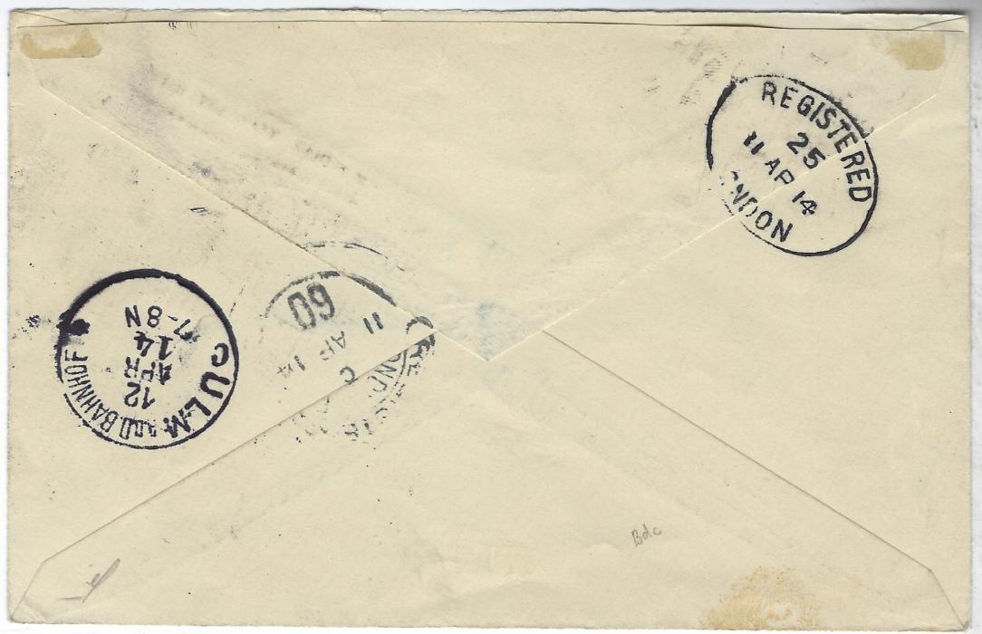 Falkland Islands 1914 registered cover to Germany bearing single franking King Edward VII 3/- tied double-ring Falkland Islands cds, Stanley registration label at left, reverse with London transits and arrival cds.