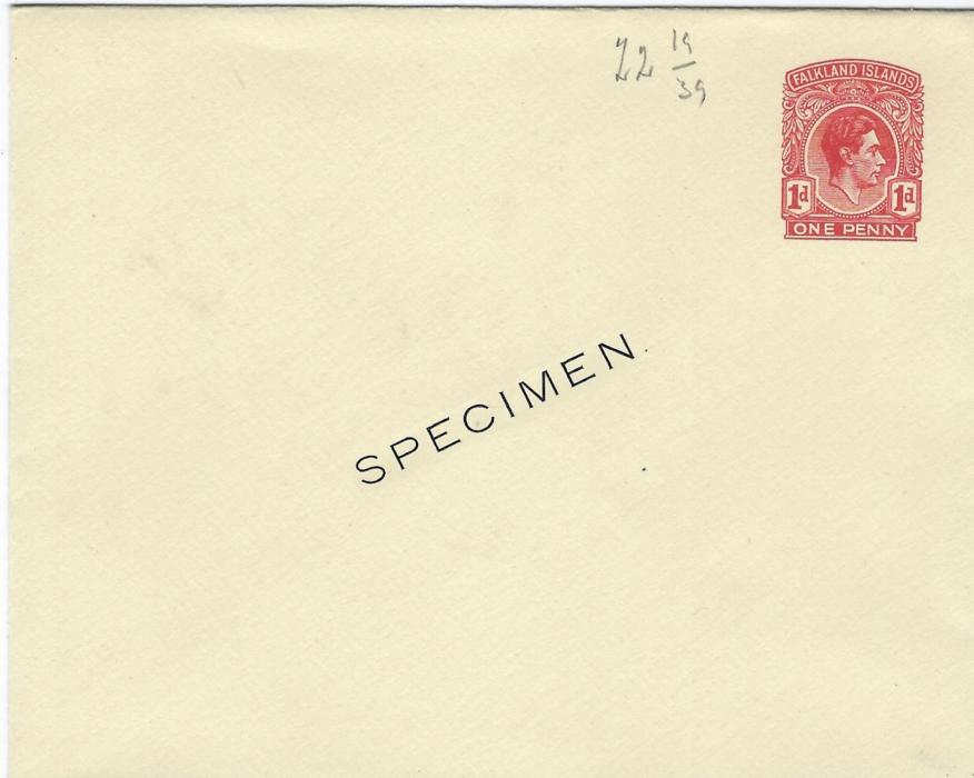Falkland Islands 1938 One Penny postal stationery envelope diagonally overprinted SPECIMEN, archival note at top