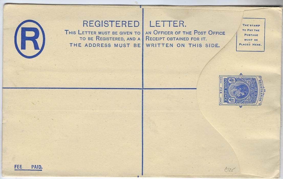 Falkland Islands 1938 4d registered stationery envelope, size H, very fresh unused.