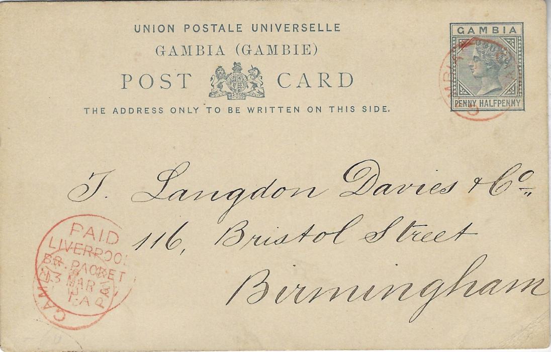 Gambia 1887 ‘Penny Halfpenny’ grey postal stationery card to England cancelled GAMBIA PAID cds with another strike bottom left which is overstruck by Paid/ Liverpool, Br. Packet datestamp. A short message requesting a Jewellery catalogue, good condition.