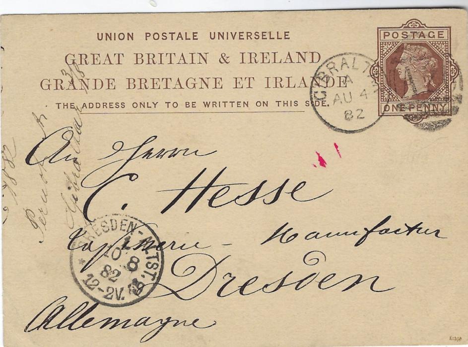 Gibraltar 1882 (AU 4) One Penny Great Britain stationery card used to Dresden, Germany with fine A26 duplex, arrival cds bottom left, full message on reverse, fine condition.
