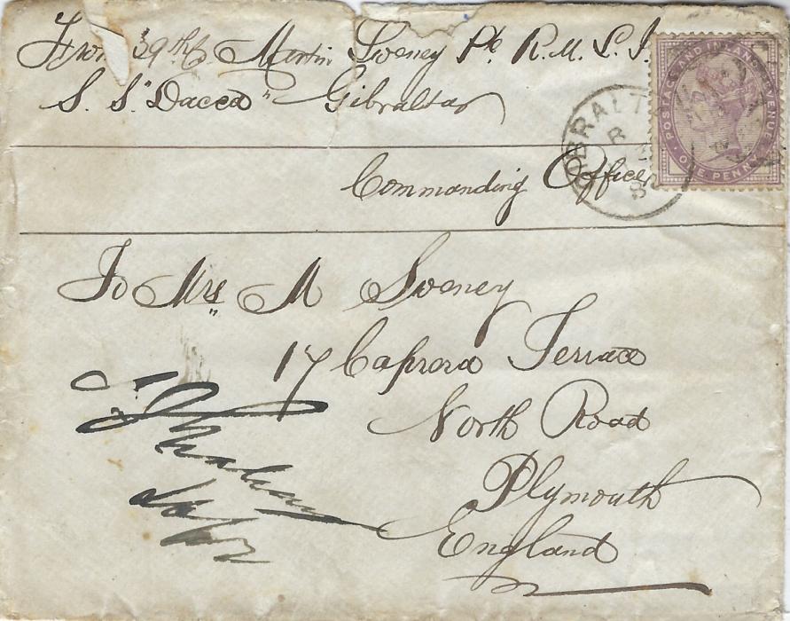Gibraltar (Soldier’s Letter) 1882 soldier’s concessionary rate cover to Plymouth bearing 16 dots 1d. lilac tied ‘A26’ duplex, envelope correctly endorsed at the top from Private Martin Sweney on “S.S Draceo” at Gibraltar and countersigned by his Commanding Officer; tear at top of envelope with small part of backflap missing.