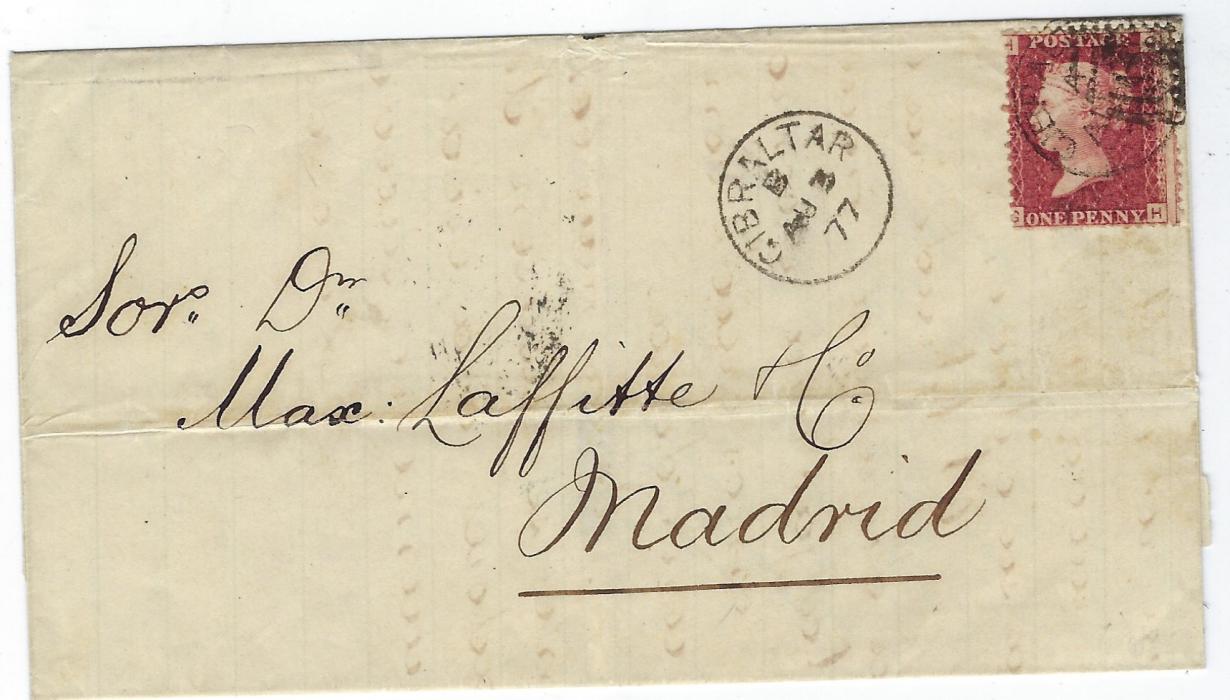 Gibraltar 1877 (AU 3) outer letter sheet to Madrid franked 1d. red, plate 191, GH, tied by both cds and ‘A26’ obliterator, further cds to left, arrival backstamp