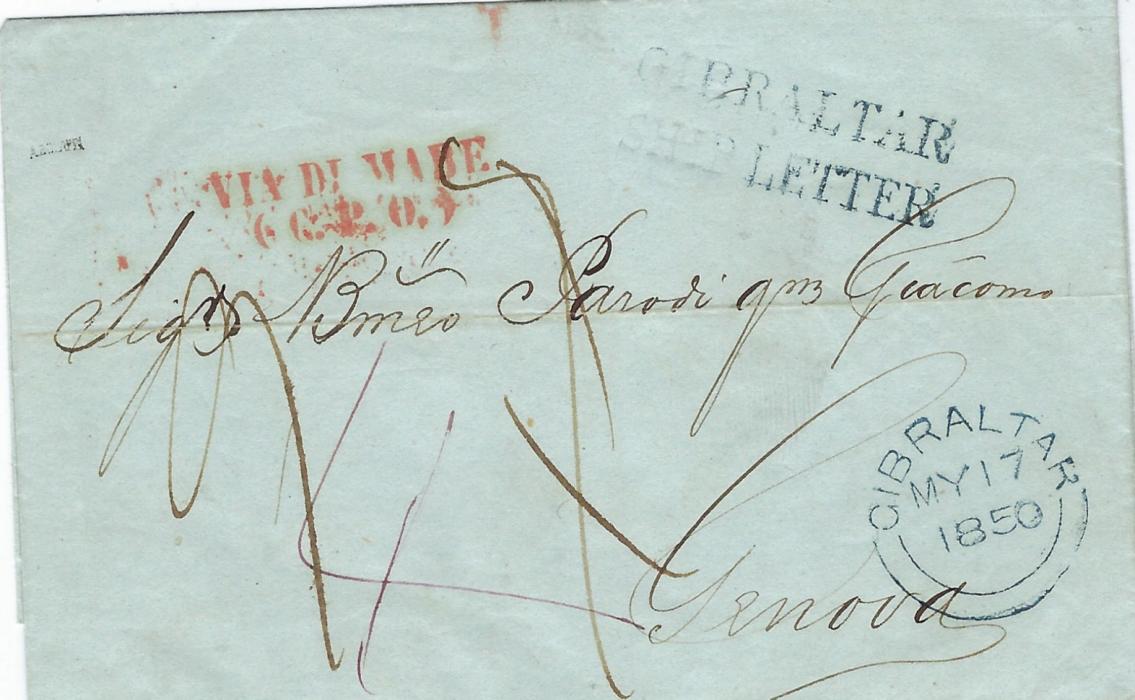 Gibraltar 1850 outer letter sheet to Genova bearing fine two-line GIBRALTAR/ SHIP LETTER with double arc date stampin association in same colour below, red two-line VIA DI MARE/ G.P.O., various manuscript marks and arrival backstamp; good condition.