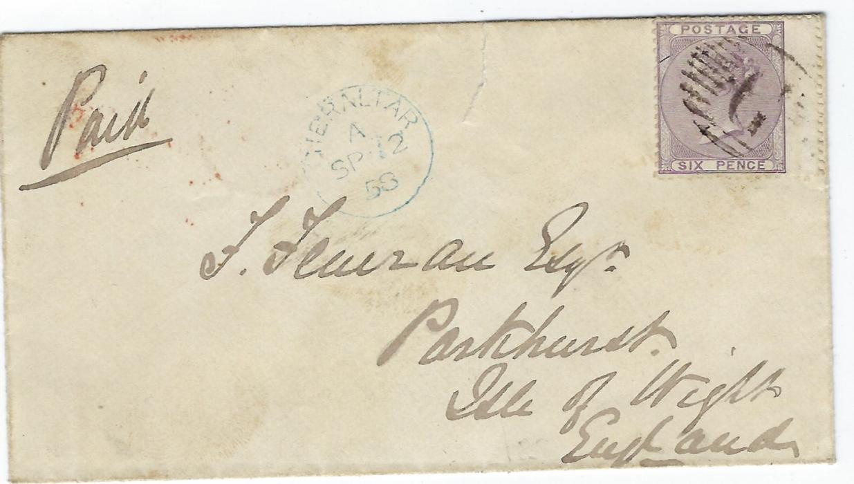 Gibraltar 1858 cover to Parkhurst, Isle of Wight franked Great Britain 1855-57 6d wing marginal cancelled by ‘G’ obliterator, Gibraltar cds to left, reverse with London transit and Newport I.W. cds; small tear at top of envelope.