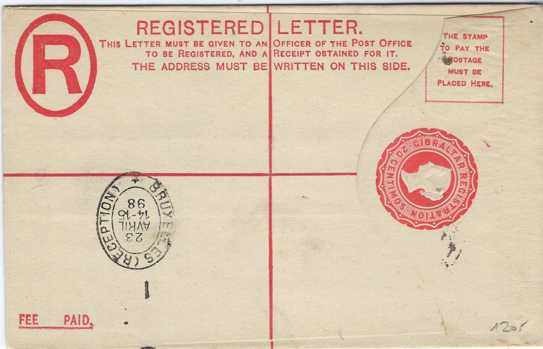 Gibraltar 1898 20c registration postal stationery envelope, size G, to Belgium, uprated 40c on front tied by oval Registered date stamps, Belgian Postman’s routing handstamp, arrival backstamp. Fine condition.