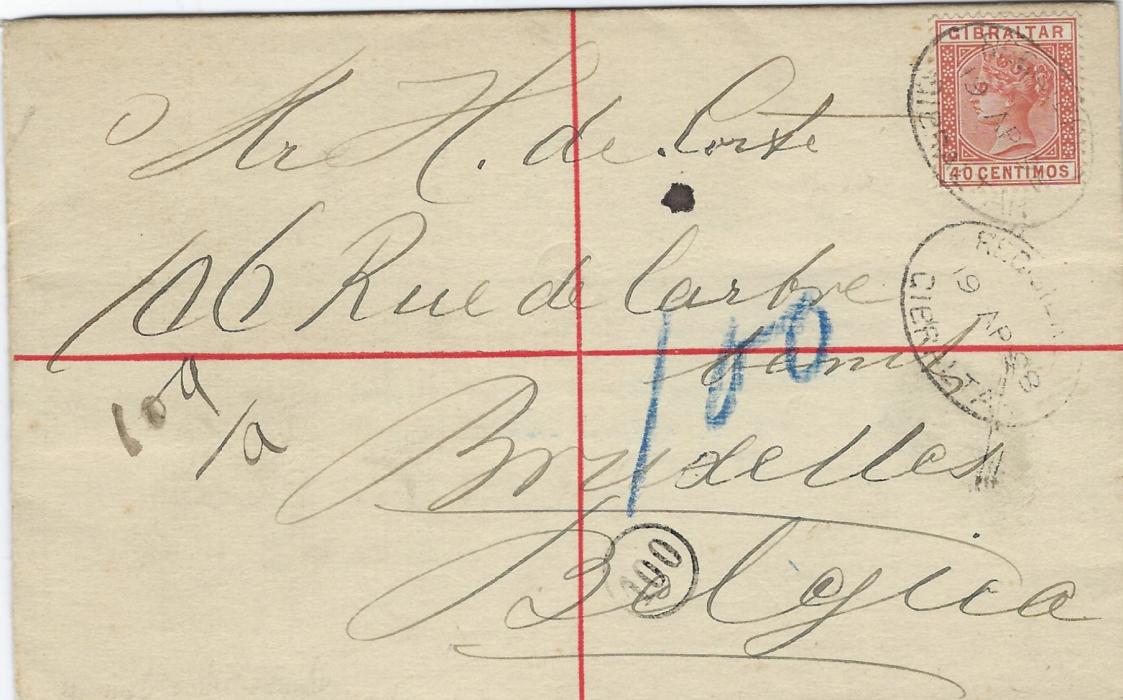Gibraltar 1898 20c registration postal stationery envelope, size G, to Belgium, uprated 40c on front tied by oval Registered date stamps, Belgian Postman’s routing handstamp, arrival backstamp. Fine condition.
