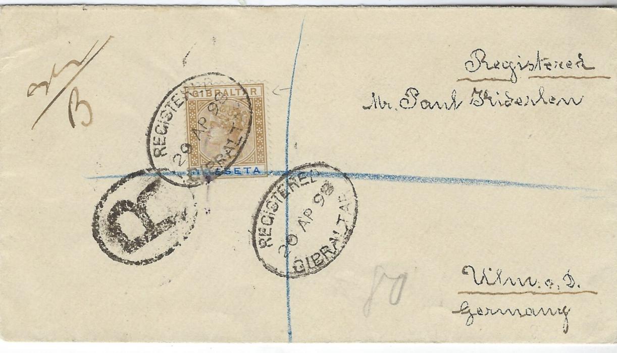 Gibraltar 1898 registered cover to Germany bearing single franking 1p. Bistre and ultramarine tied oval Registered despatch date stamp, arrival backstamp;  good condition.