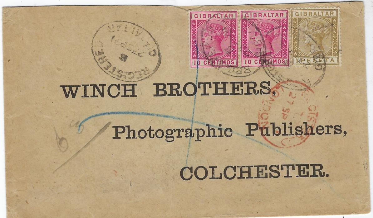 Gibraltar 1891 registered Winch Brothers cover franked pair 10c. and a 1p bistre tied oval Registered date stamps, red transit below and arrival backstamp. 
