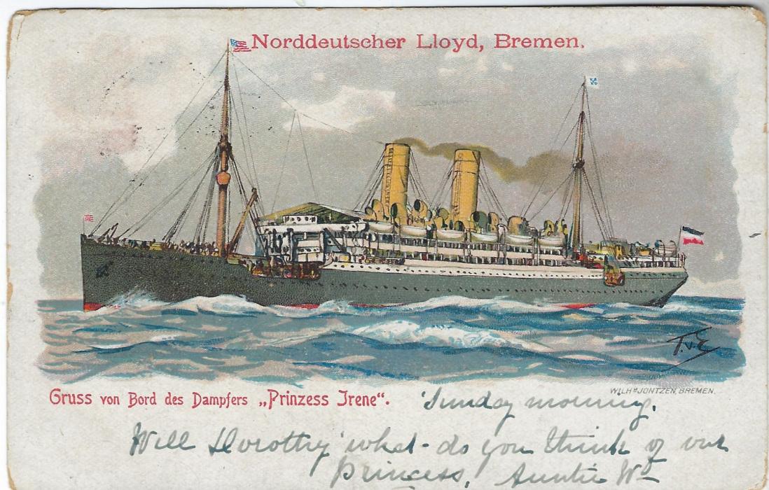 Gibraltar two 1907 Norddeutscher Lloyd, Bremen postcards from Gibraltar to United States, 1d. frankings with N.Y.P.O. Paquebot cancels, index codes ‘C’ and ‘D’; slight egde bumps to cards but generally fine and attractive.