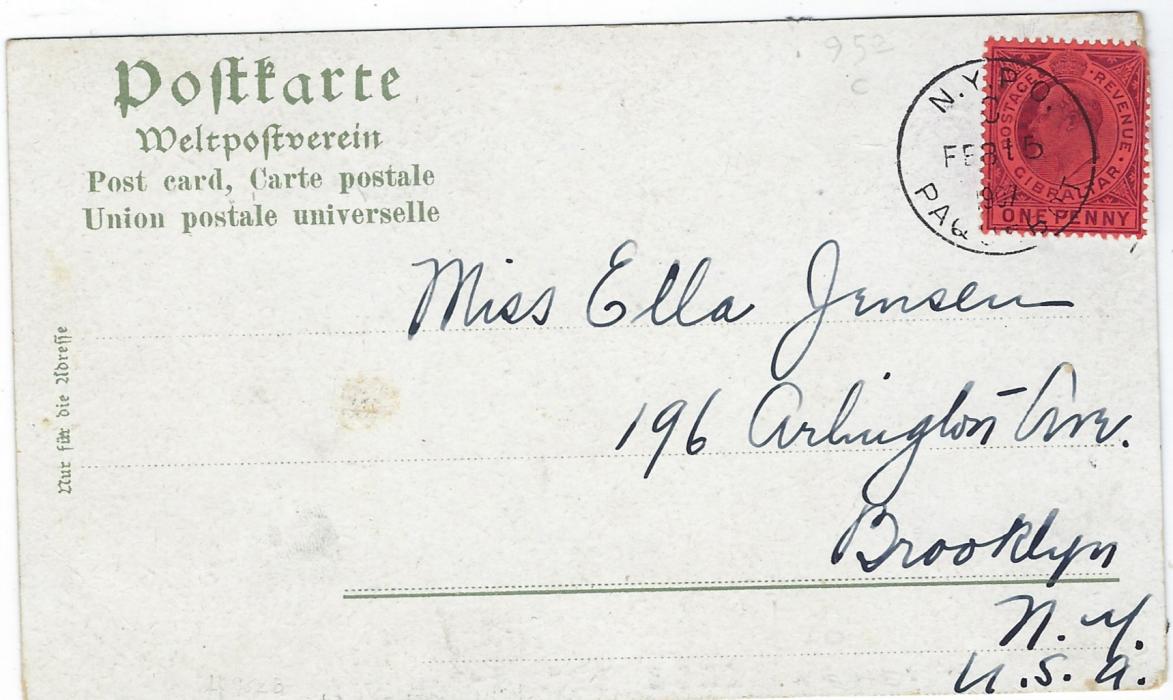 Gibraltar two 1907 Norddeutscher Lloyd, Bremen postcards from Gibraltar to United States, 1d. frankings with N.Y.P.O. Paquebot cancels, index codes ‘C’ and ‘D’; slight egde bumps to cards but generally fine and attractive.