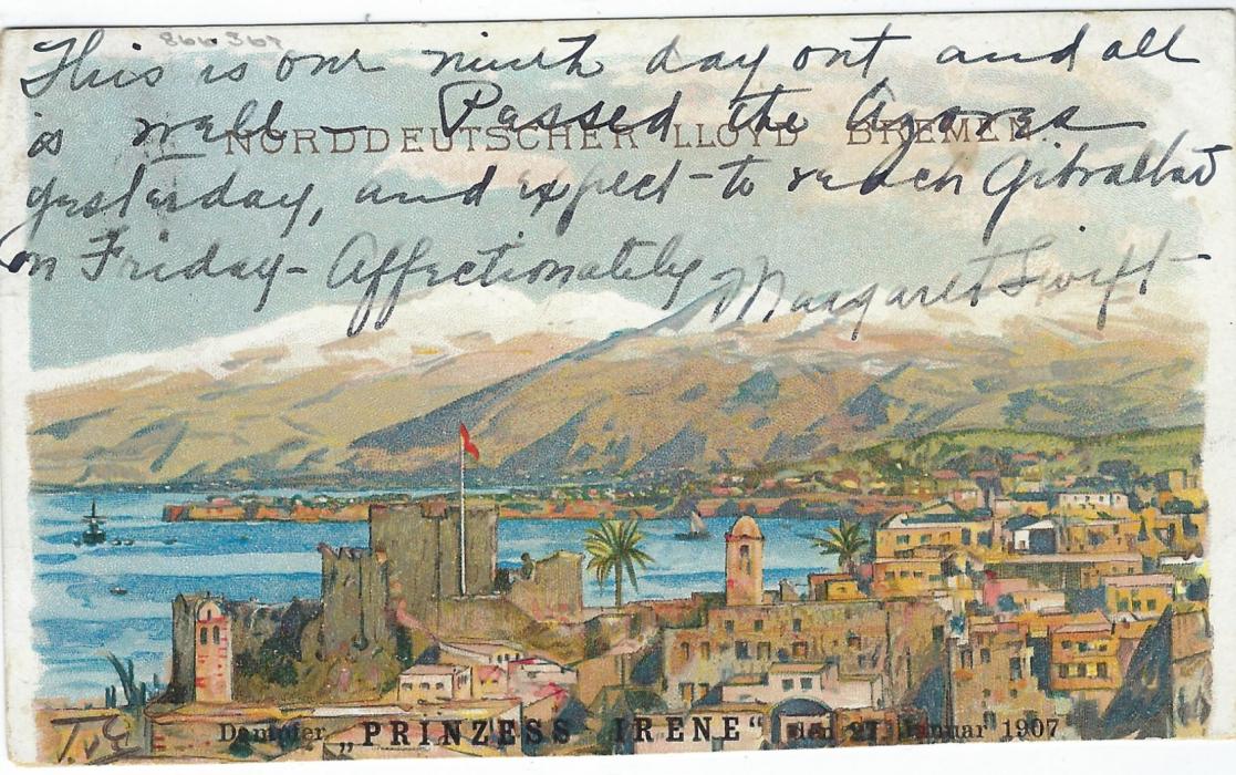 Gibraltar two 1907 Norddeutscher Lloyd, Bremen postcards from Gibraltar to United States, 1d. frankings with N.Y.P.O. Paquebot cancels, index codes ‘C’ and ‘D’; slight egde bumps to cards but generally fine and attractive.