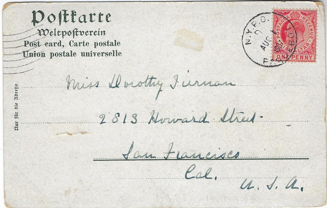 Gibraltar two 1907 Norddeutscher Lloyd, Bremen postcards from Gibraltar to United States, 1d. frankings with N.Y.P.O. Paquebot cancels, index codes ‘C’ and ‘D’; slight egde bumps to cards but generally fine and attractive.