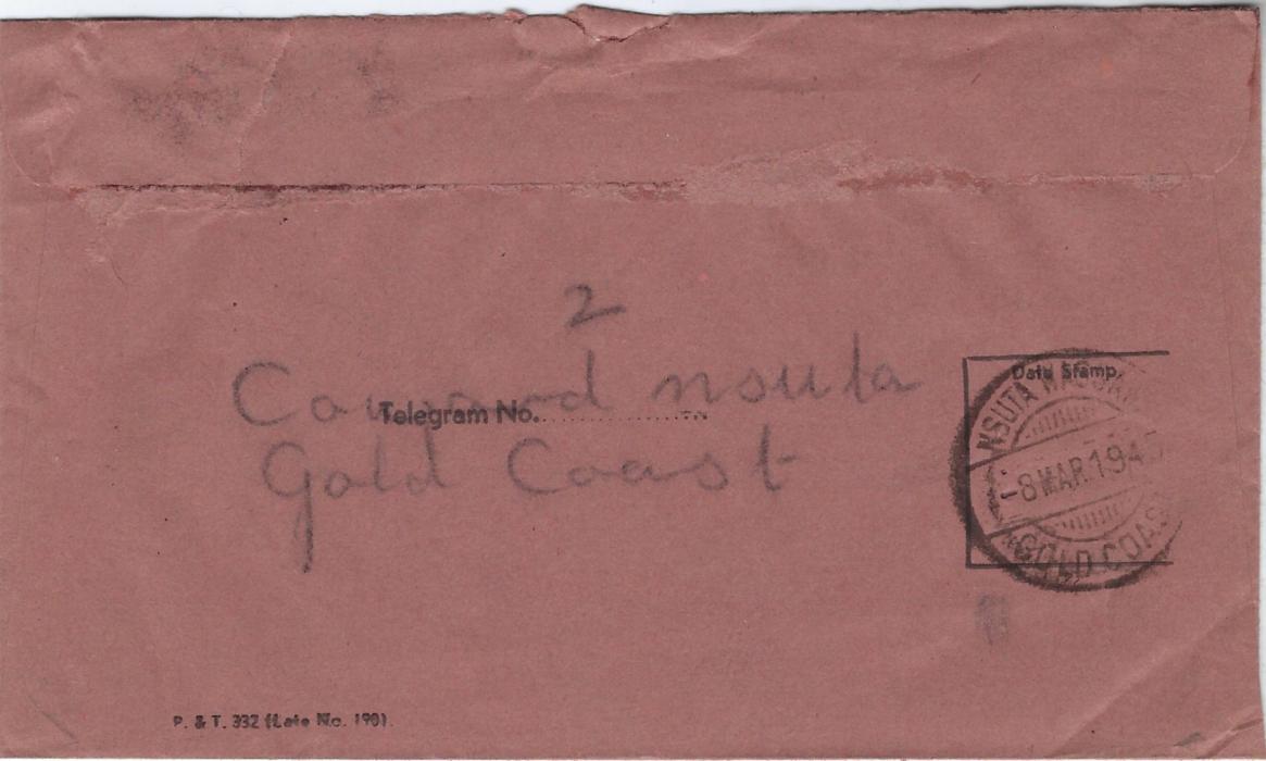 Gold Coast 1945 telegram inscribed B&C Post Office Telegraphs, Gold Coast in carmine on buff paper cancelled Nsuta Wassaw date stamp with same cancel on the envelope used.